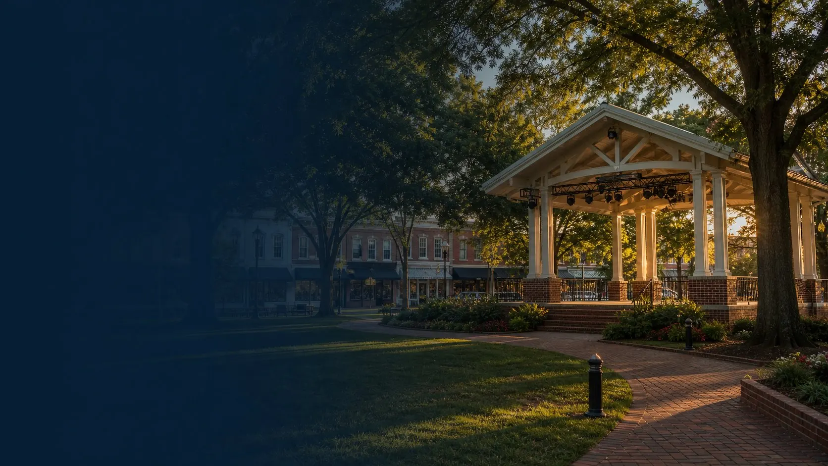 Matthews town green and park stage in historic downtown
