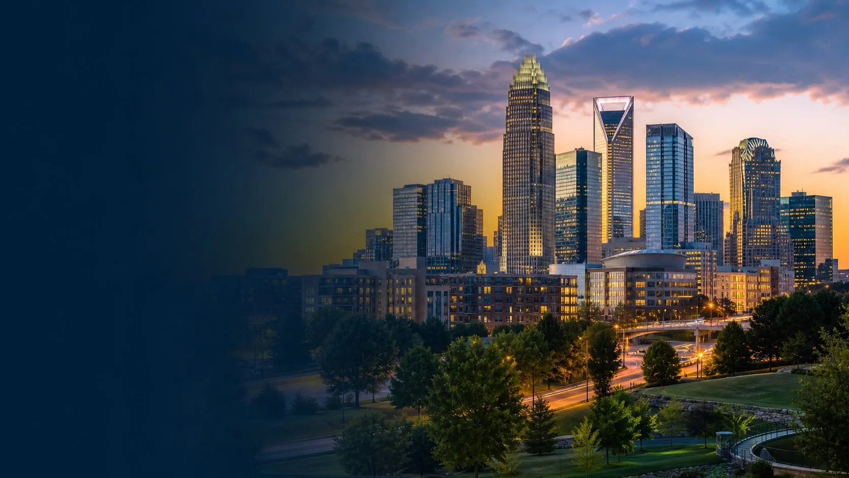 Uptown Charlotte skyline at golden hour