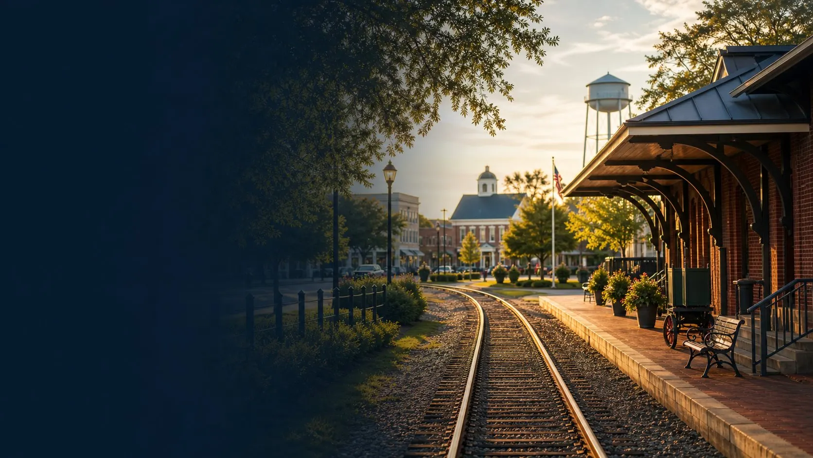 Indian Trail rail corridor and town center at golden hour